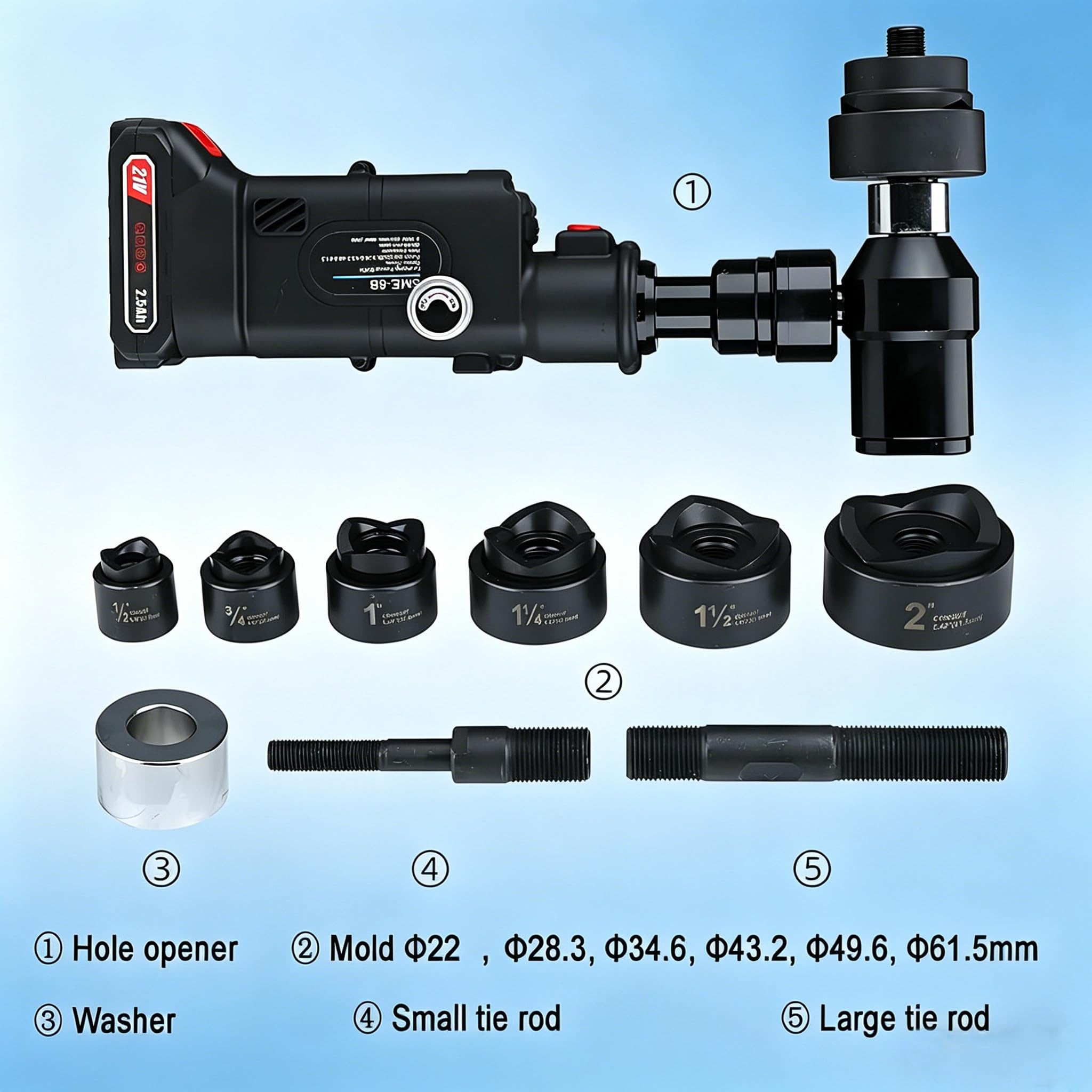 Akku-Lochstanze (22 Mm Hub), Automatische Druckentlastung, 6 Stanzwerkzeuge (ø 22–60 Mm) Und 21-V-Akku (2 X 2500 Mah), Geeignet Für Q235-Stahl