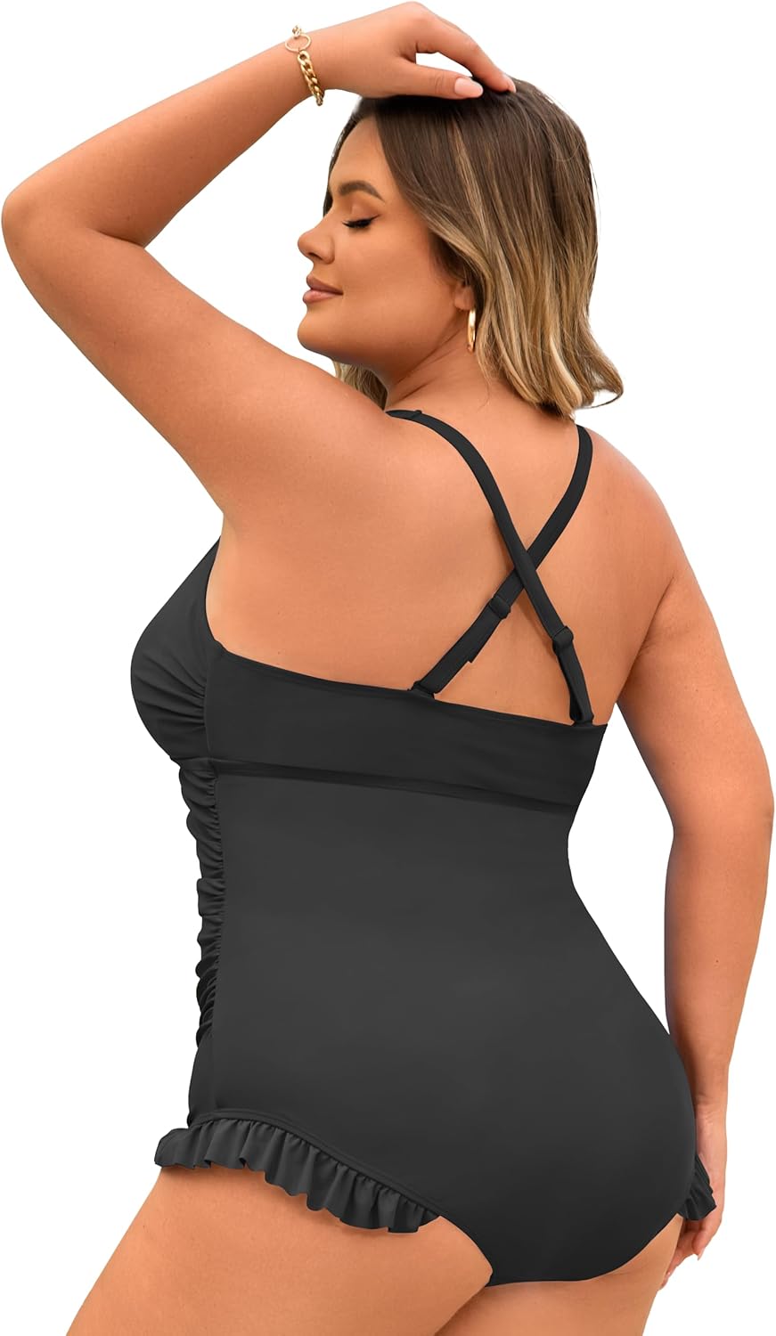One Piece Swimsuit Women Plus Size Deep V Ruffle Neck Bathing Suit Cross Straps Tummy Control Modest Swimwear XL - Image 3