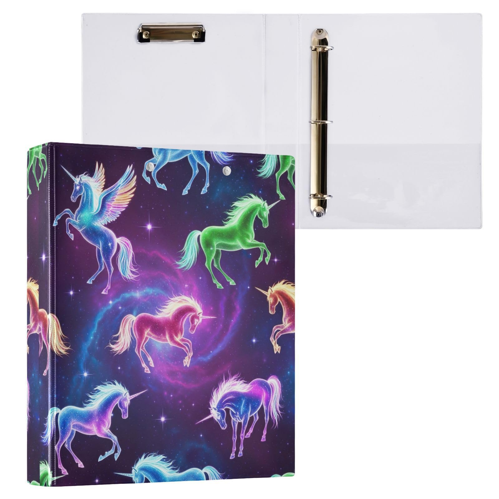 Unicorns - Carpeta de 3 anillos morados, carpeta de anillos en D, paquete de 2 | Con portapapeles y bolsillos, para escuela, universidad, oficina