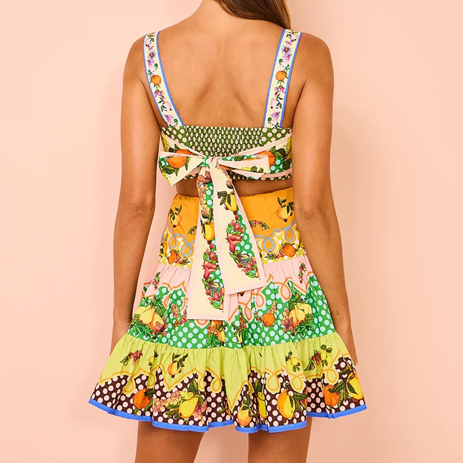 Abito Estivo Boho Donna, Senza Maniche con Spalline Sottili, Stampa Floreale, Patchwork, Legato Dietro, Casual Chic