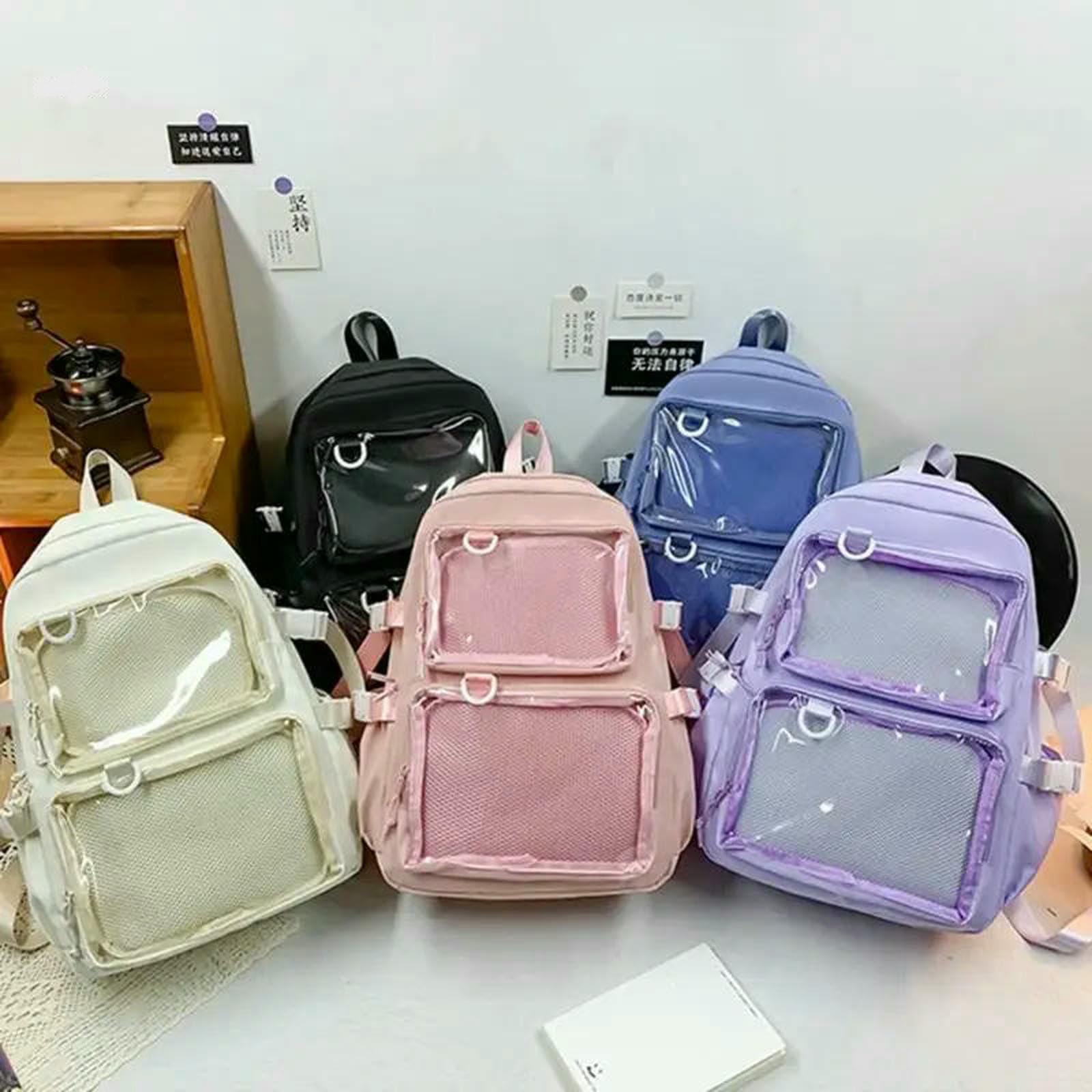 Zaino Studente Universitario Grande capacità Nylon Zaino Trasparente Tasca Borsa Scuola Distintivi
