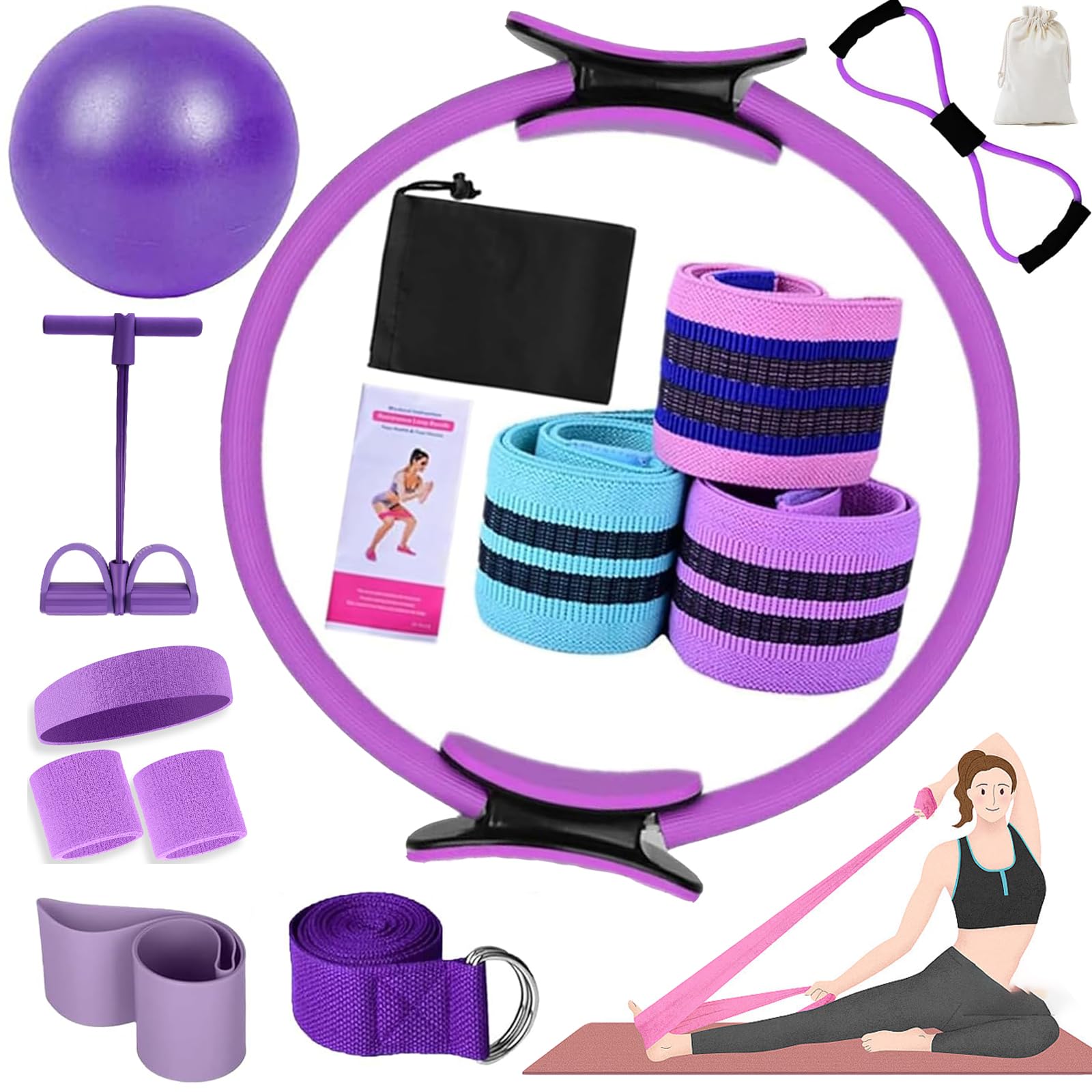 Générique 15Pcs Kit Pilates pour Femmes, Matériel de Pilates pour L'entraînement à Domicile, Ensemble de Bandes de Résistance pour Anneau de Roue de Pilates, Jeu D'anneaux de Résistance Pilates