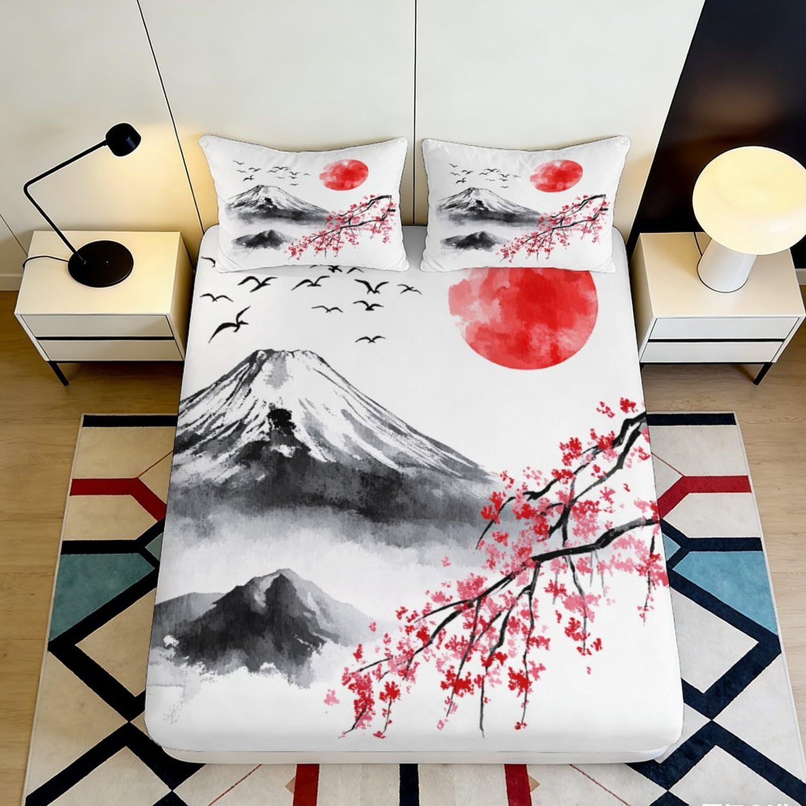 3D Printed Japanese Landscape Fitted Sheet Microfiber Soft Breathable Cherry Blossom Bed Cover for Bedroom Dormitory Guest Room Mattress Protection Decor 200x200x25cm
