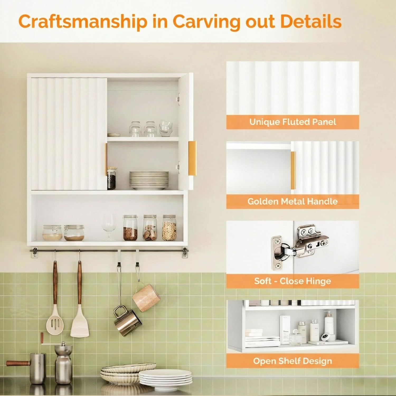 VINGLI White Bathroom Wall Cabinet, Modern Fluted Medicine Cabinet with Gold Handles, Wall Mounted Storage Over Toilet with Adjustable Shelf, Soft Close Hanging Organizer for Kitchen, Laundry Room