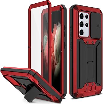 Compatible for Samsung Galaxy S21 Ultra Metal Case,with Sliding Camera Cover and Built-in Foldable Kickstand Heavy Duty Rugged Hard Cover Full-Body Bumper Shockproof Case Red