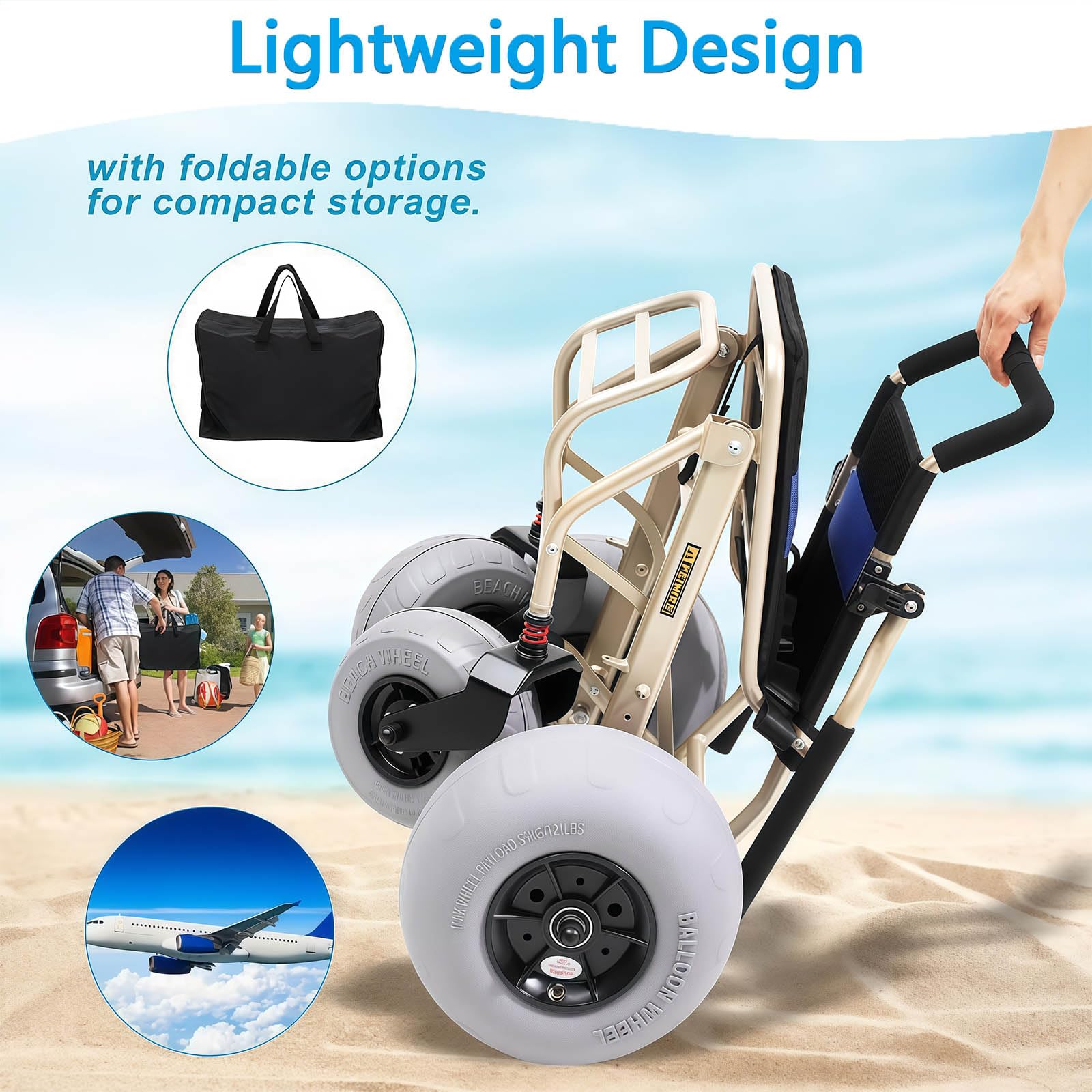 Silla De Ruedas para La Playa, Silla De Ruedas Todoterreno Ligera para Personas Mayores Y NiñOs, NeumáTicos De Globo De 12" Y 9", DiseñO Plegable, para Acceso A Playas
