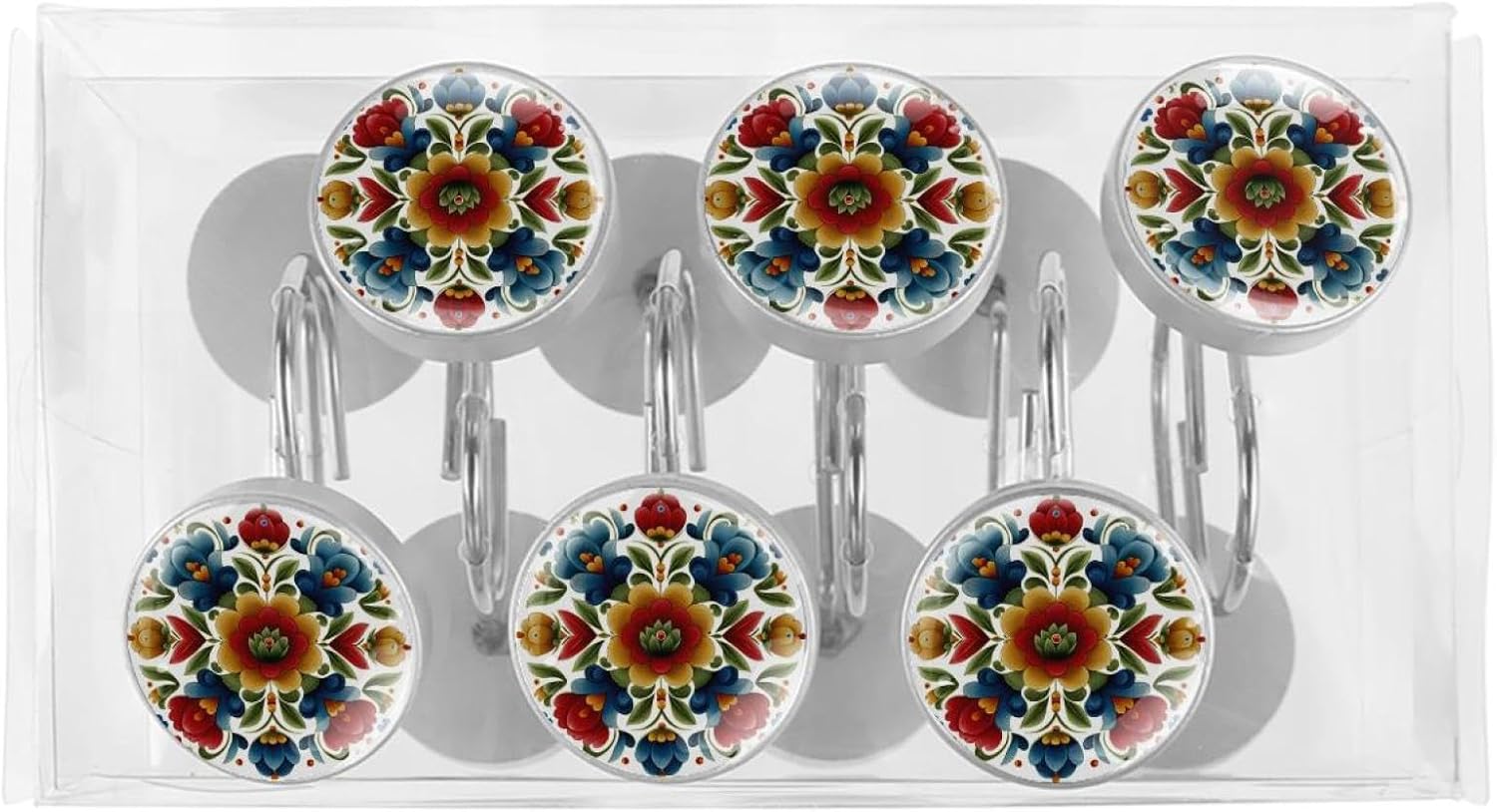 Norwegian Rosemaling Folk Style Flower (31) Shower Curtain Hooks Rings, rustproof Stainless Steel for Bathroom Shower Rod, 12 Pack