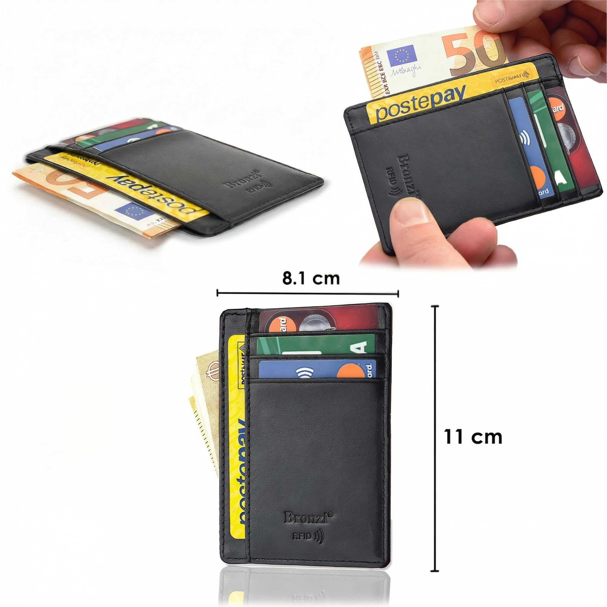 Bronzi® Portafoglio Uomo Slim | Pelle Alta Qualità Mini Nero| Piccolo Sottile Elegante | Portacarte Uomo Donna Portatessere Porta Carte Di Credito| Design Italiano Box Regalo
