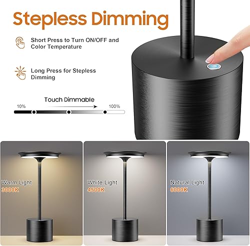 Miniatura 5 de Lámpara de mesa inalámbrica, portátil recargable de 6000 mAh, lámpara de mesa para exteriores, lámpara de mesa LED de atenuación continua de 3