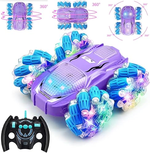 Coche de control remoto, autos de acrobacias a control remoto, rotación de 360, para niños, todo terreno, con controlador LED, camiones monstruos de