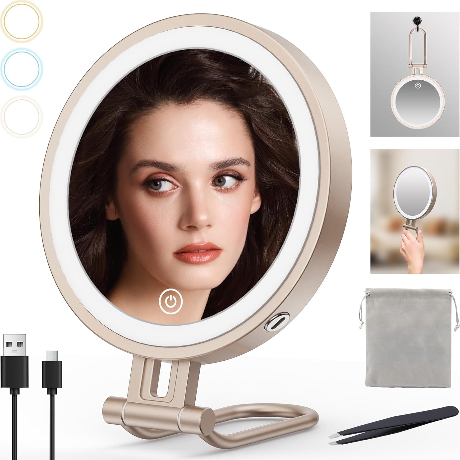 Travel Makeup Mirror with Lights,3000mAh Rechargeable 1X