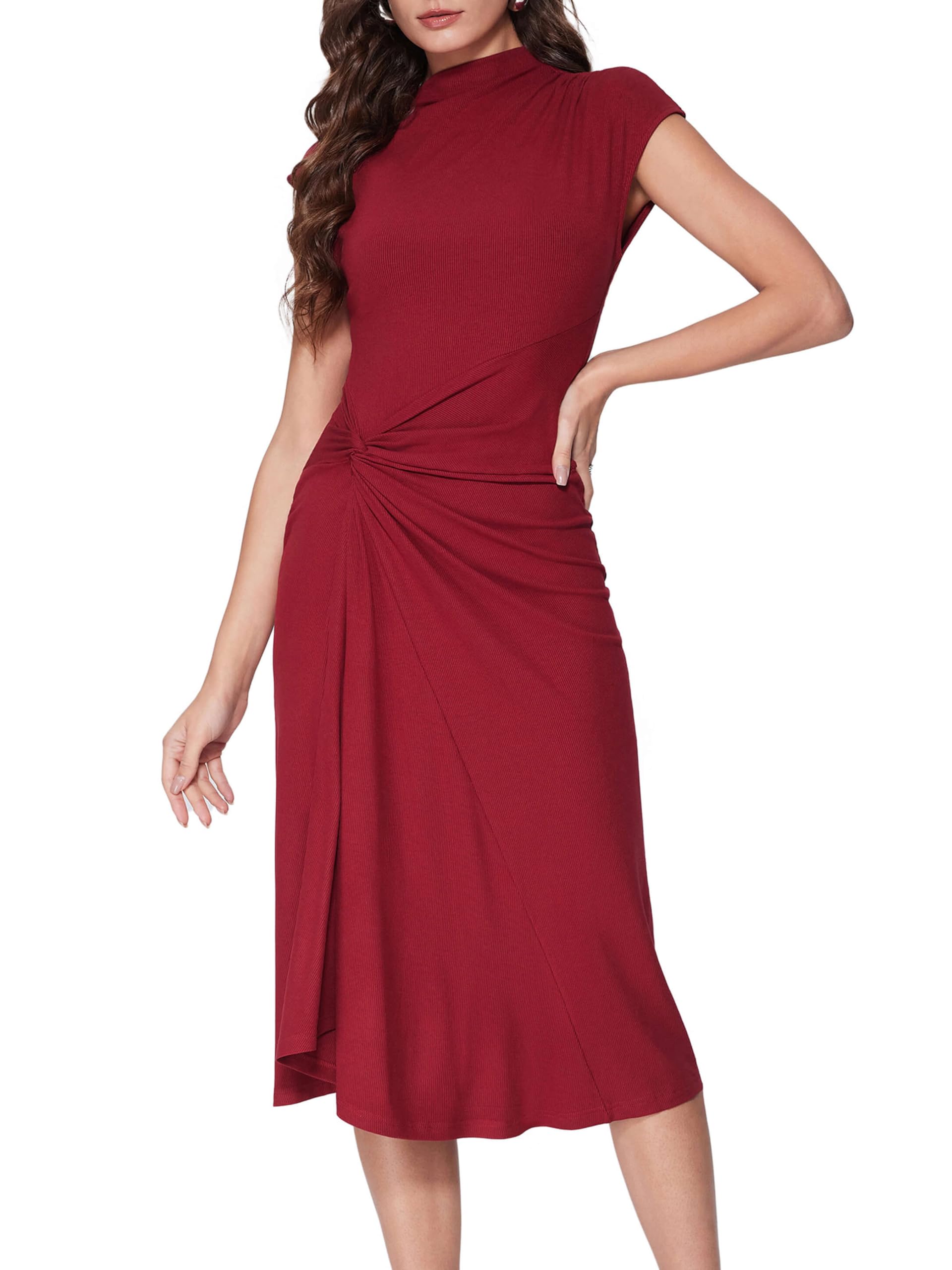 Vinova Slit Maxi Dresses for Women Tie Front Work Dress Cap Sleeve Midi Dress Asymmetrical Summer Dress Trendy Outfit