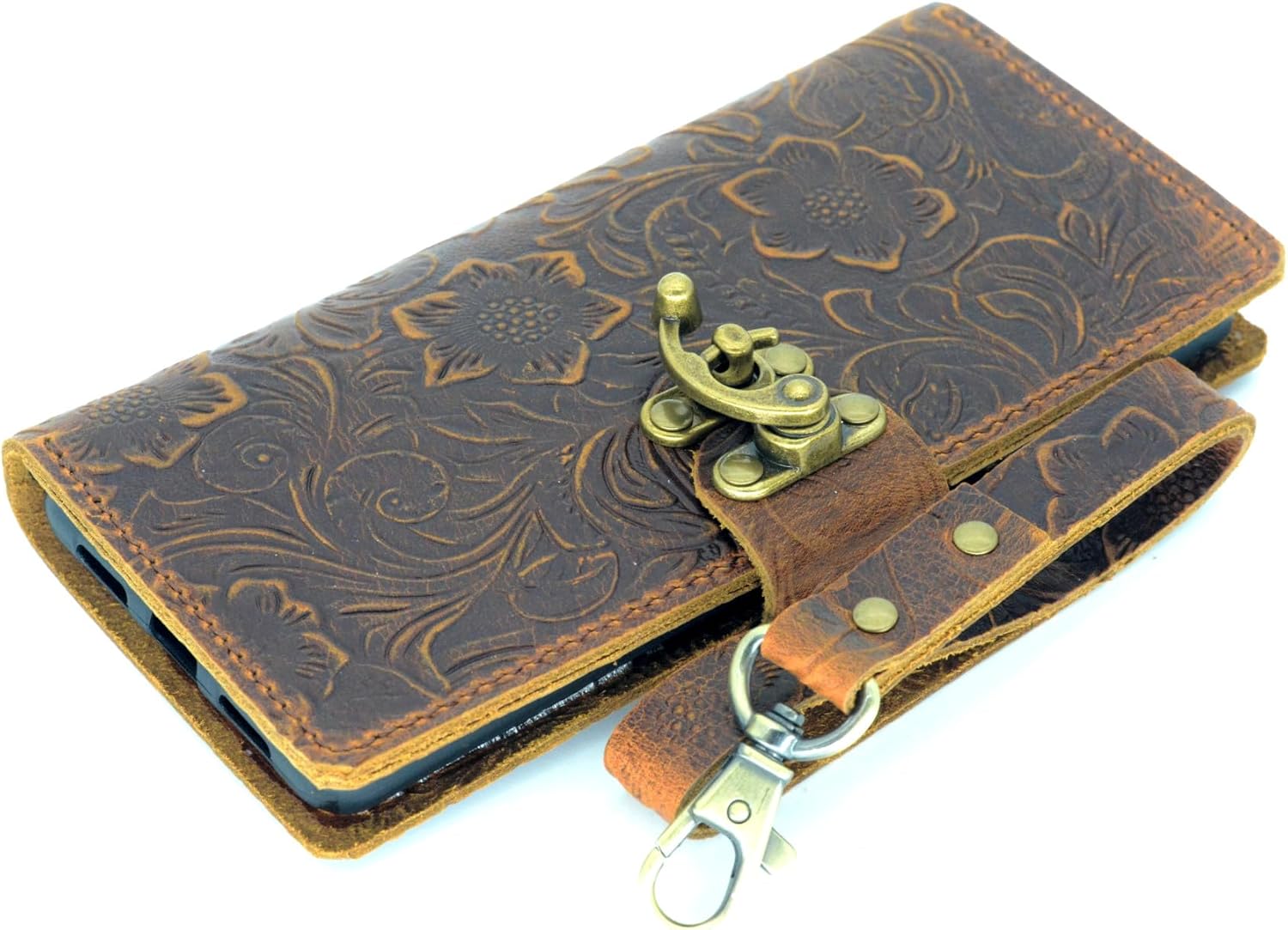 JJNUSA Leather Case Compatible with iPhone 16 6.3" Handmade Genuine Distressed Leather Wallet Case Flip Cover with Wristlet Brown