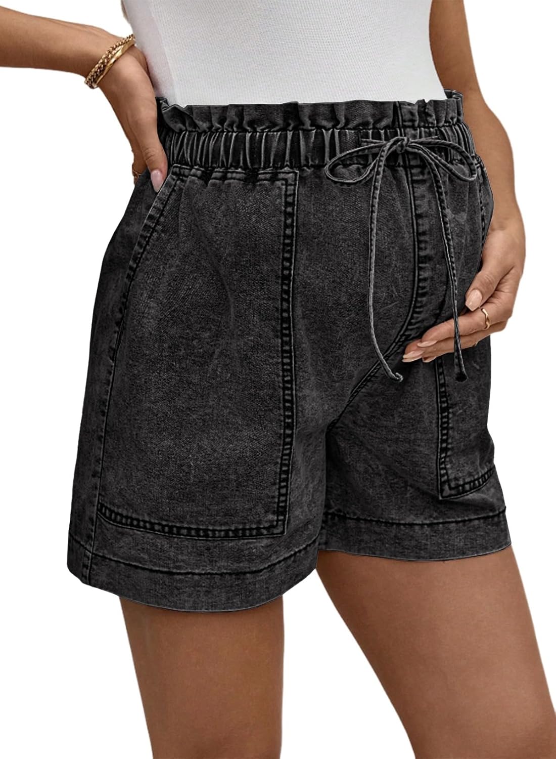 BLENCOT Women Maternity Jeans Shorts Stretchy Drawstring Denim Pregnancy Comfy Clothes with Pockets