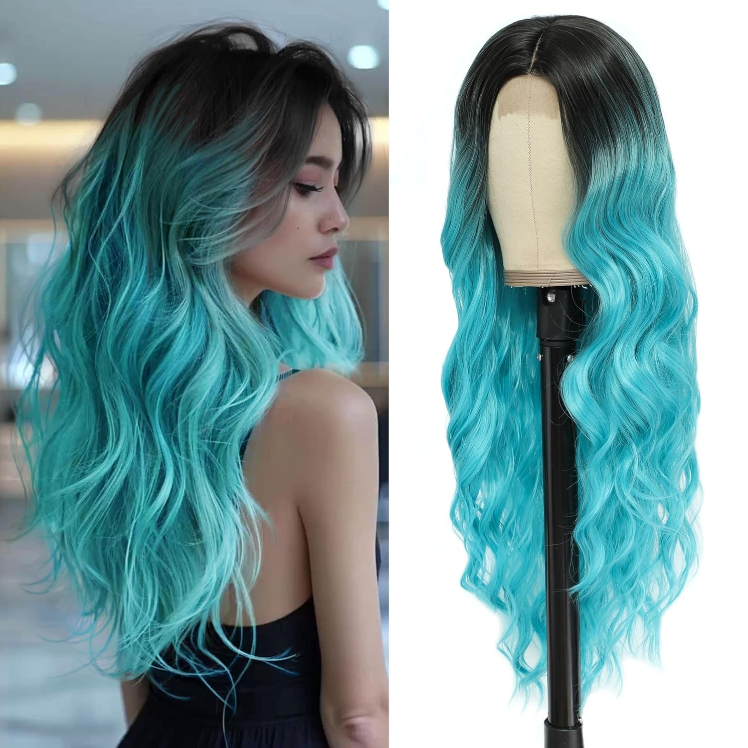 BUPPLER Cosplay Long Ombre Teal Wig 26 Inch Middle Part Synthetic Wig Realistic Gifts Party Wigs for Women Daily Use Colorful Wigs (Ombre Teal)