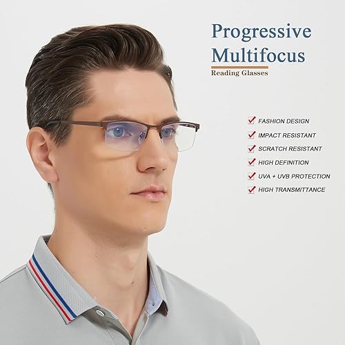 Miniatura 2 de Paquete de 2 lentes de lectura progresivos multienfoque de medio borde para hombres con bloqueo de luz azul multifocal para lectura de computadora