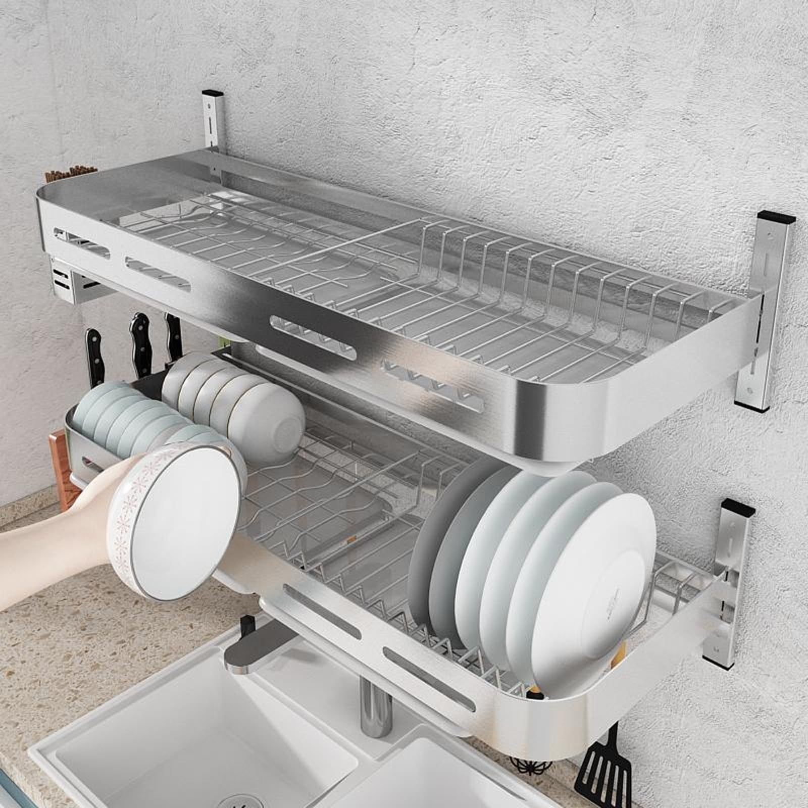 Escurridor de platos de acero inoxidable montado en la pared sobre fregadero, estante de secado que ahorra espacio con bandeja de goteo, solución de secado de cocina duradera, organización eficiente