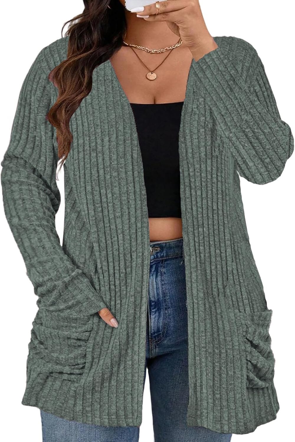 ROSRISS Plus Size Cardigan Sweaters for Women Fall Open Front Tops Soft Ribbed Knit Ruched Pockets Outerwears 1XL-5XL