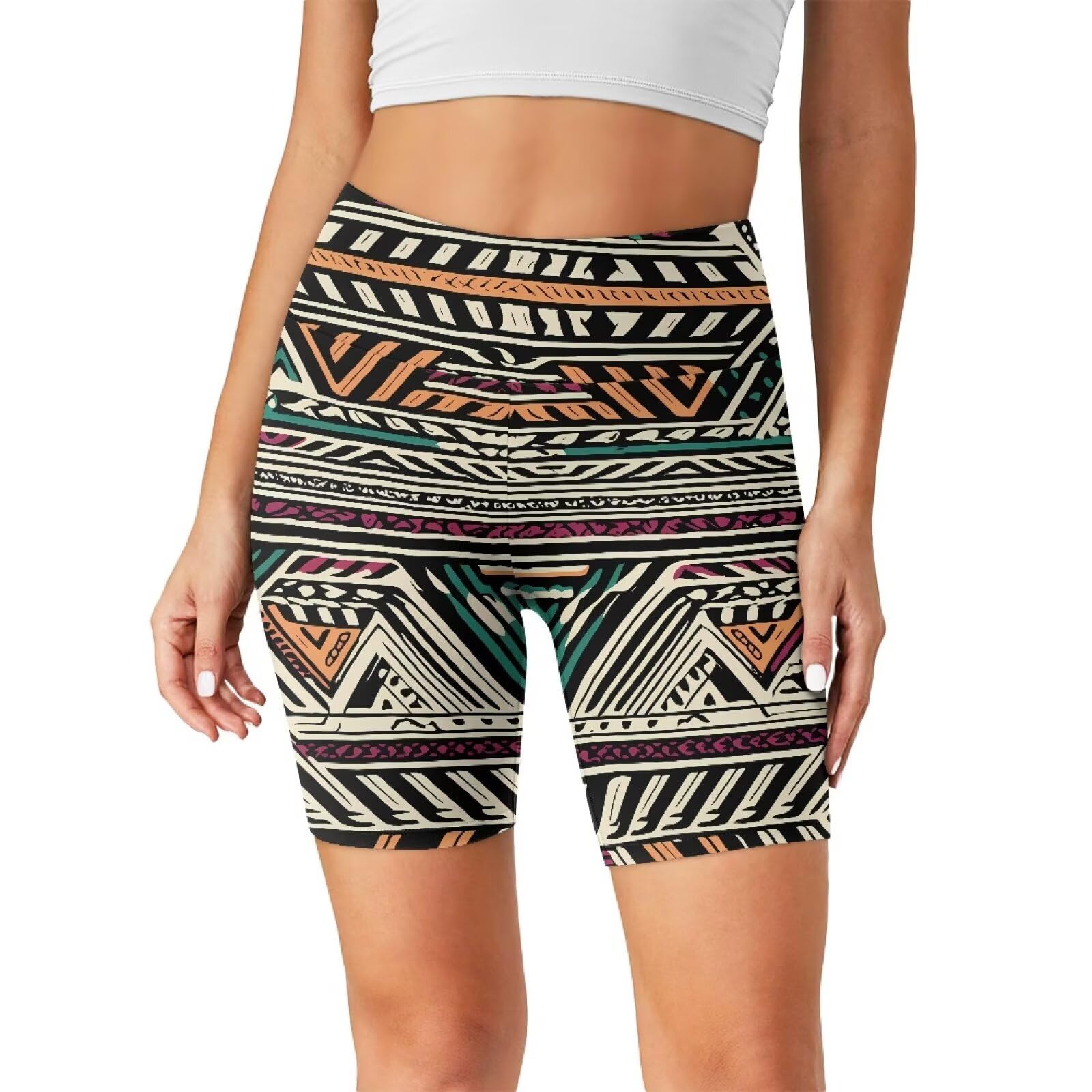 Irisjudy Tribal Stripes High Waist Biker Shorts for Women Aztec Geometry Tummy Control Volleyball Shorts Native Ethnic Zigzag Stretch Dance Pants Disco Party Outfit