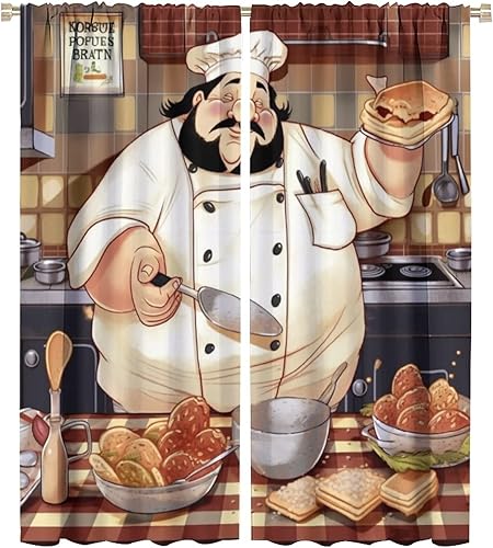 Miniatura 10 de Cortina de decoración de cocina de chef, retro gourmet de dibujos animados, chef gordo de cocina, patrón de comida gourmet, decoración del hogar,
