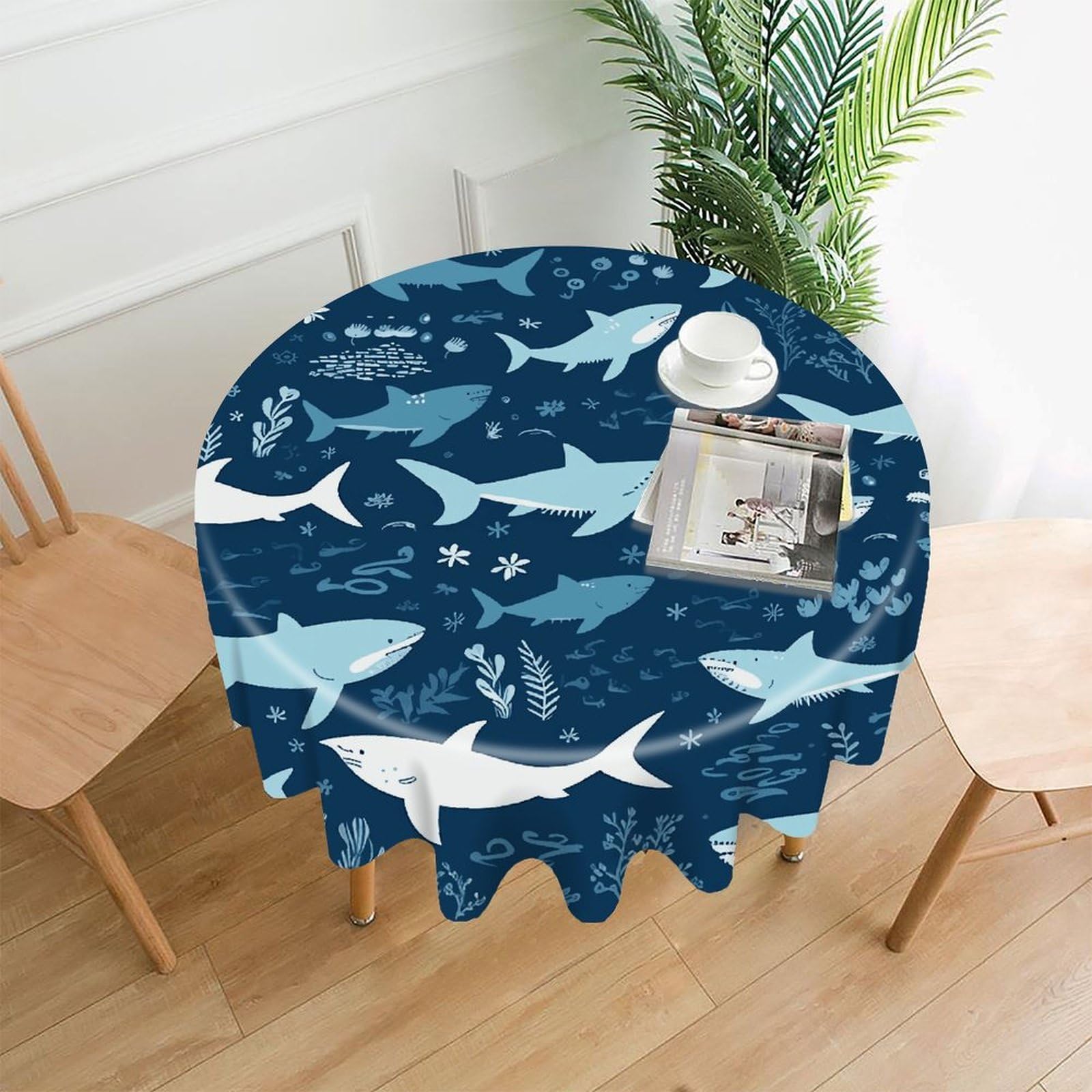 VstaDank Sharksm Table Cloth Fashions Washable Round Tablecloth Decorative Table Cover Comfortable Straight Edge Tablecover for Dining Kitchen Party Outdoor 60 Inch