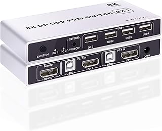Tendak 2x1 DisplayPort KVM Switch, USB 2 Port PC Computer KVM Switch Keyboard Mouse DP Switch Box with USB 2.0 HUB Support 8K @ 60Hz 3D HDCP 2.2