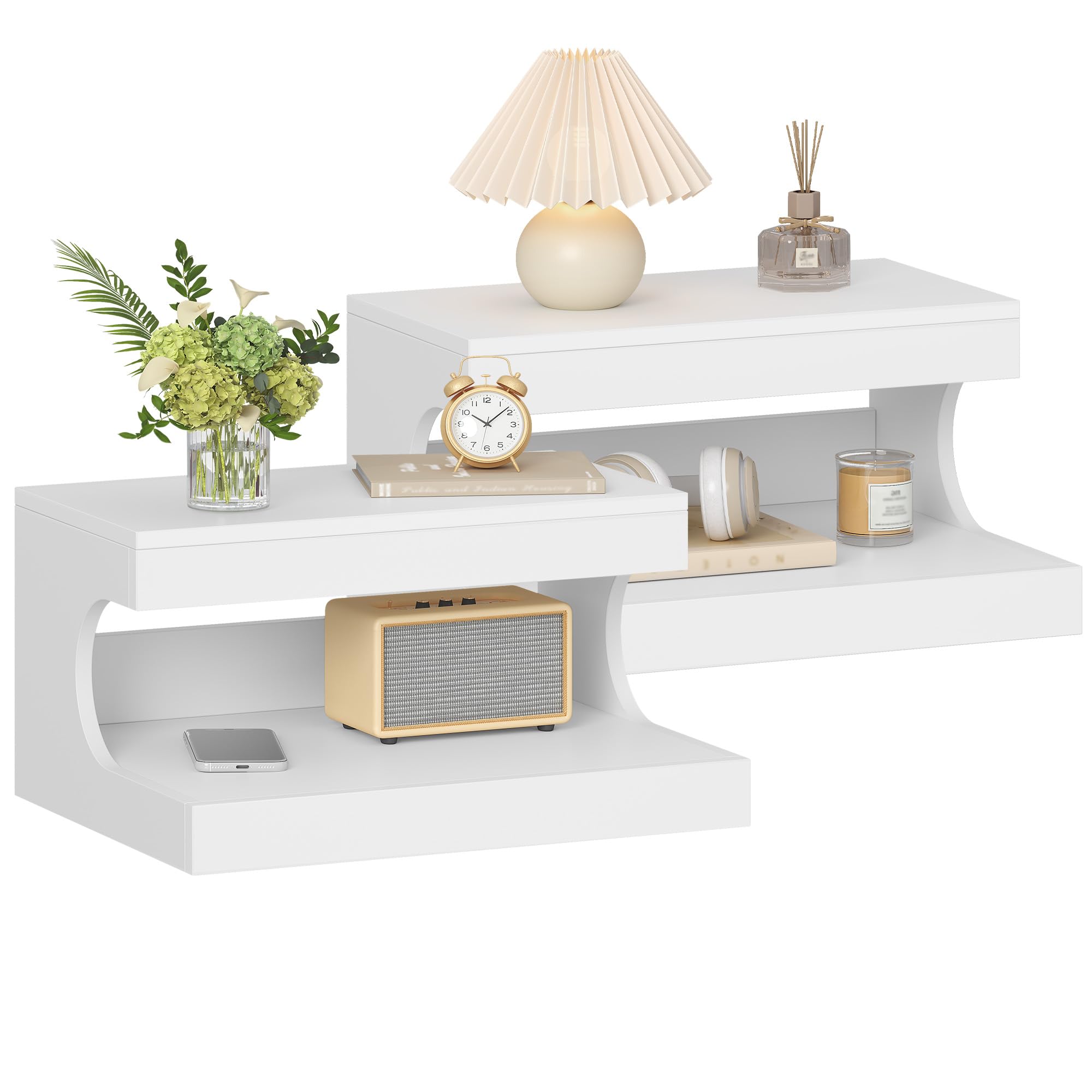 Hzuaneri Nachttisch Hängend 2er Set, Wandmontierter Regal-Nachttisch mit Schiebe-Tablett, Nachtkästchen Schwebend Wandregal mit Offener Raum, für Schlafzimmer, Wohnzimmer 30 x 40 x 20 cm Weiß NS51203X