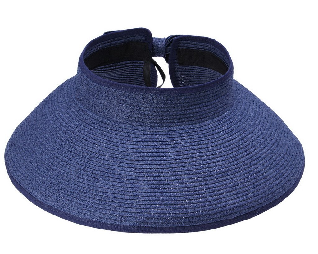 Comvip Women's Adult Blue Adult Wide Brim Beach Sun Hat Bowknot Straw Visor Cap Blue