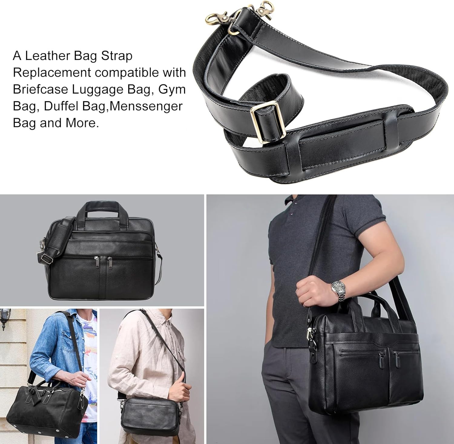Full Grain Leather Bag Strap Replacement - Adjustable Shoulder Strap for Messenger Briefcase Duffle Crossbody Bags - Image 3