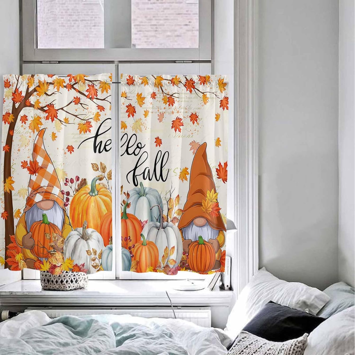 Orange Pumpkin Gnomes Fall Kitchen Curtains, Branches Leaves Thanksgiving Botanical Light Filter Window Curtain, 2Pcs Rod Pocket Window Treatments Set for Study Room Bathroom Bedroom 52x54 Inches