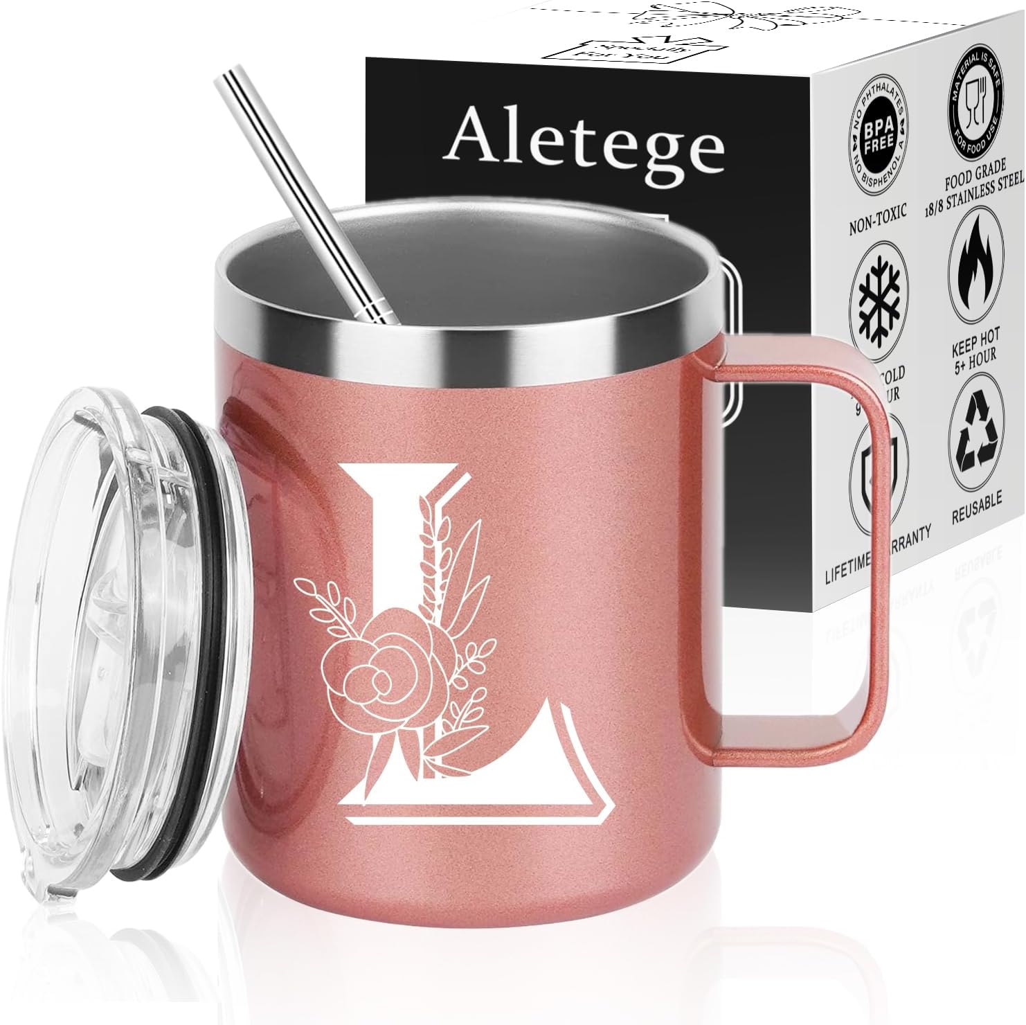 Letter L Insulated Coffee Mug with Lid and Handle, Personalized Initial Mugs for Women, Letter L Gift Coffee Mugs for Women, Wife, Mom, Grandma, Bridal Shower Gifts, 12 OZ Rose Gold