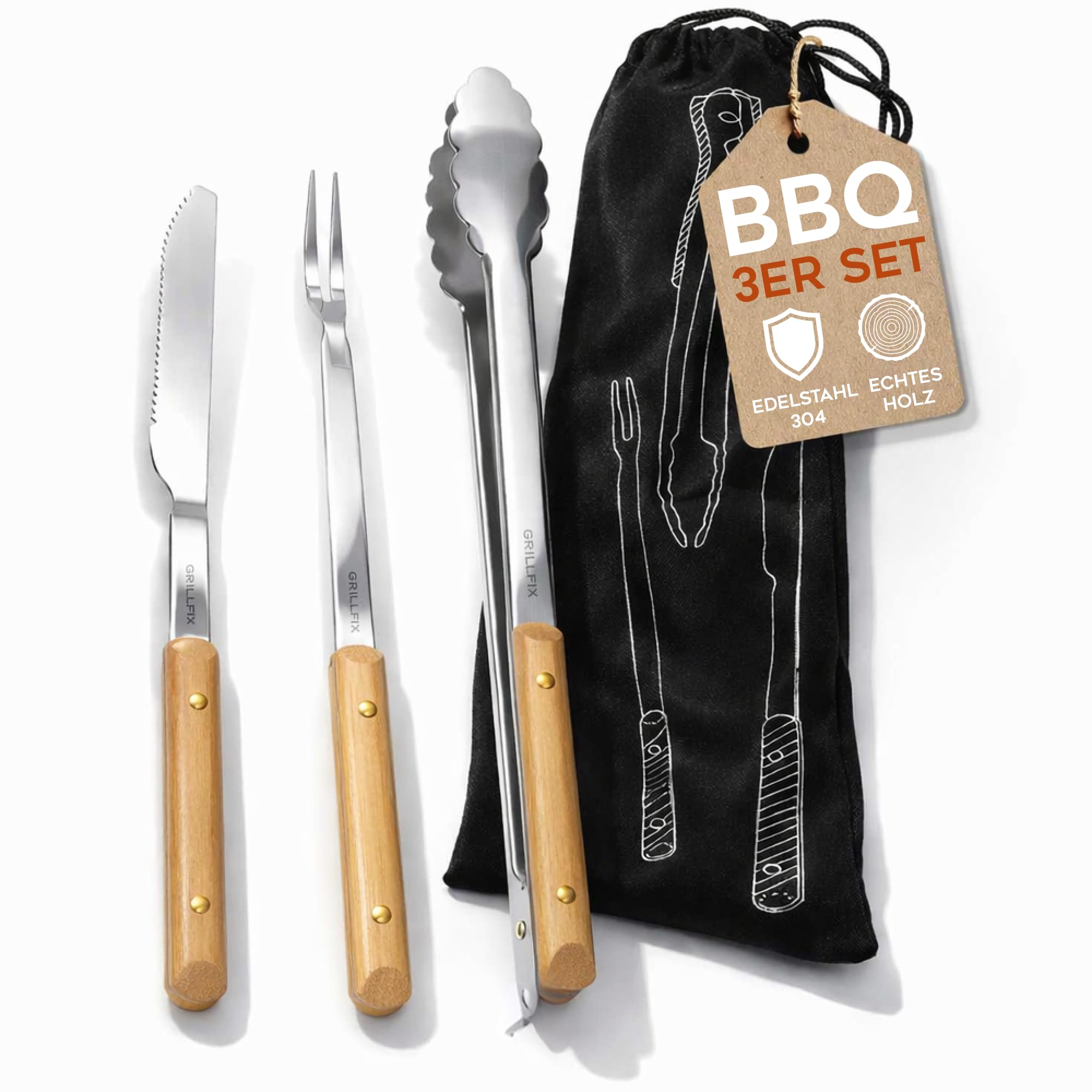 GRILLFIX BBQ Grillbesteck Set 3-teilig – Grillzange Edelstahl 38 cm mit Holzgriff, Grillmesser & Fleischgabel, extra Lange Küchenzange Kochzange für Grill, Küche, Papa Geschenk Vatertag