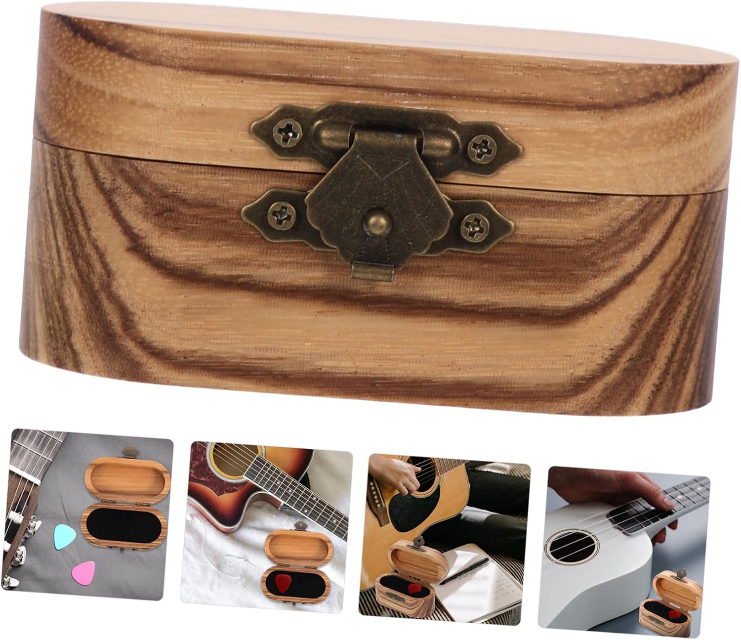 5 Piece Oval Wooden Guitar Pick Holder with Retro Vintage Design image 4