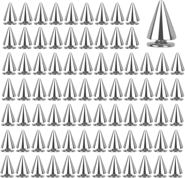 100Pcs Metal Spikes Studs Cone Spikes Rivets Punk Bullet Screwback Studs Metallic Screw Back Studs Rivet Big Tree Spikes for DIY Leather Craft Clothing Bags Punk Choker Collar Necklace, 7x10mm Siver