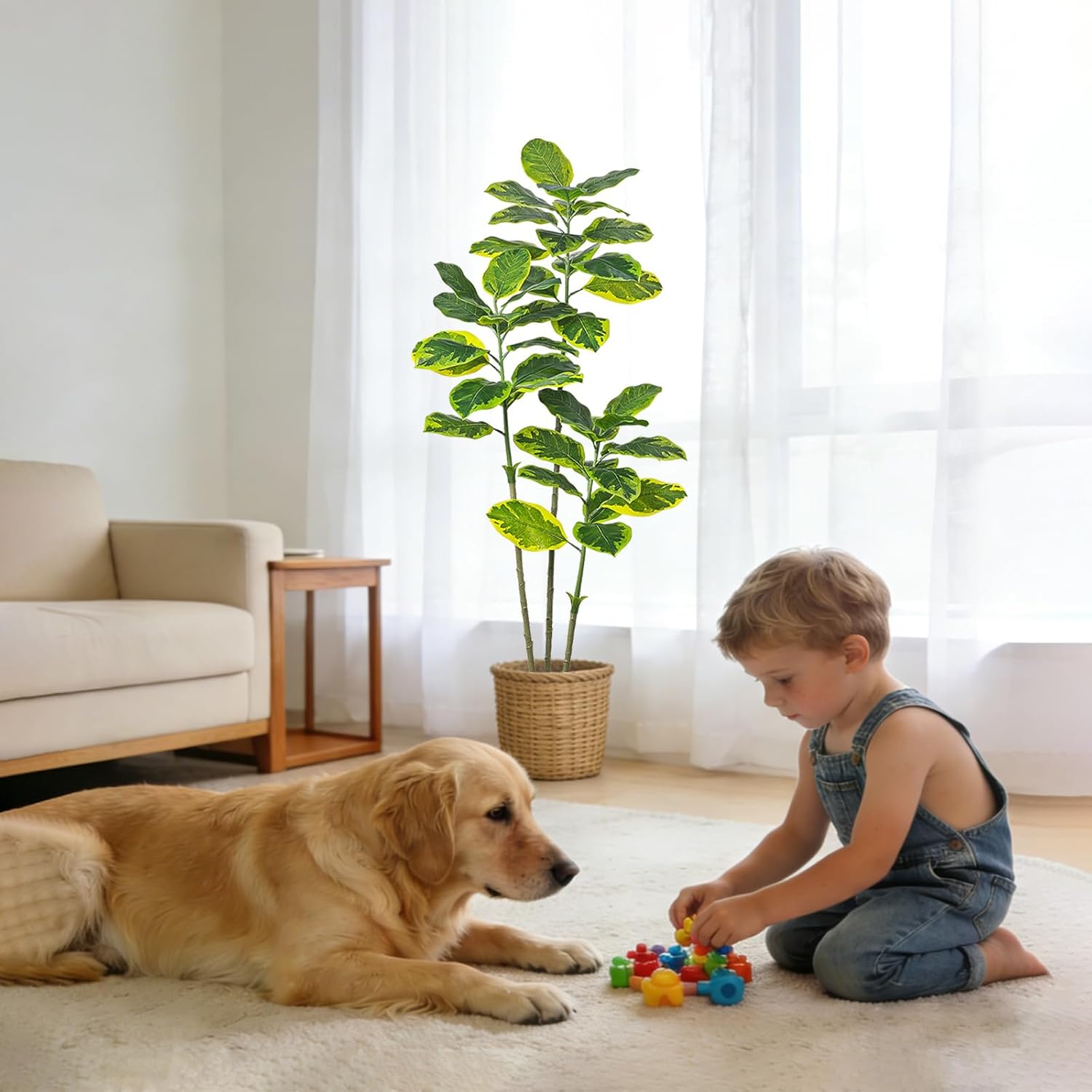 Ficus Tree Artificial Plants Indoor, 5FT Tall Fake Trees in White Pot, Large Potted Silk Floor Plant Artificial Trees, Green Lifelike Faux Ficus Tree for Home Room Office Porch Decor-Yellow