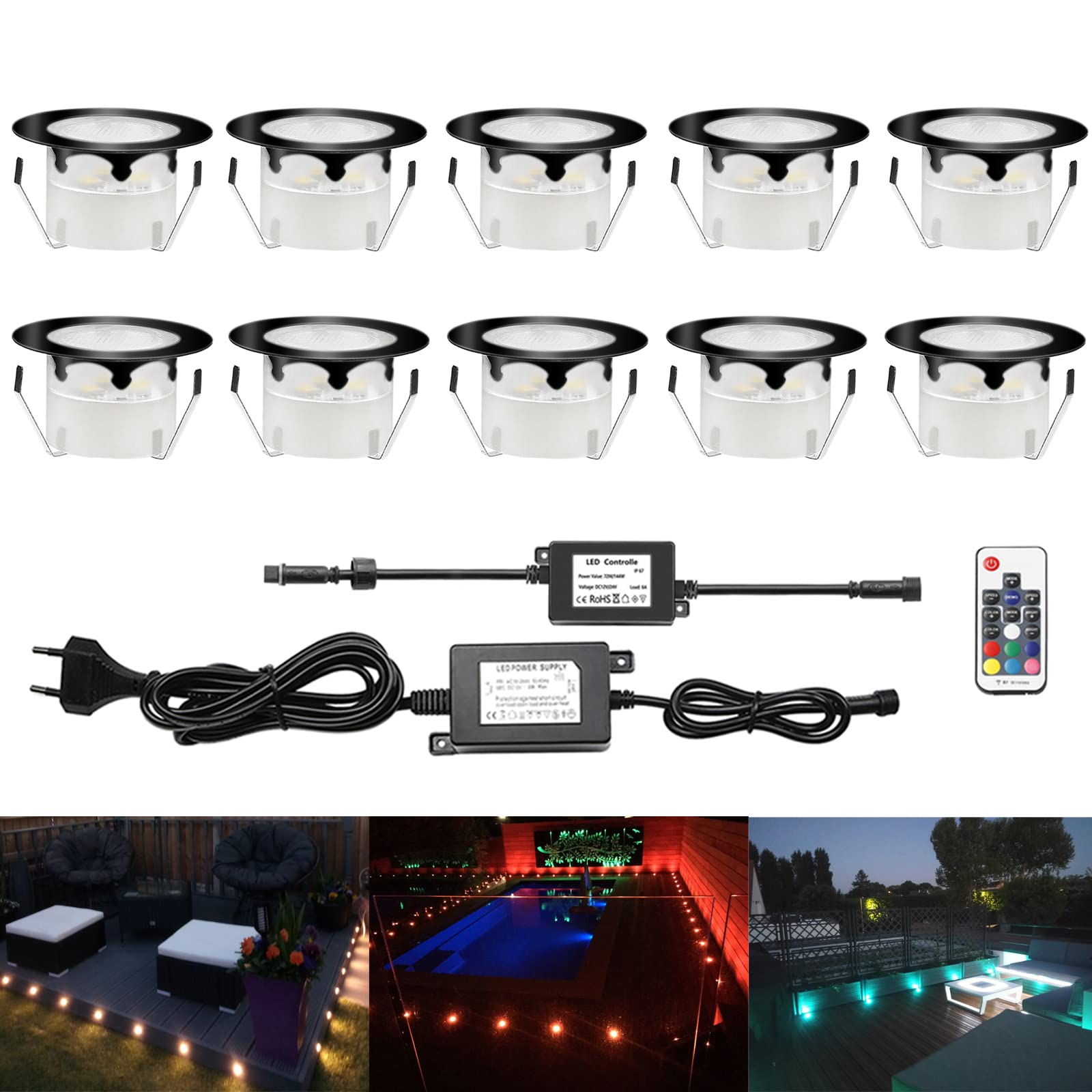 10er Set Terrassen Einbaustrahler RGBWW Boden Einbauleuchten Außen RGB + Warmweiß LED Treppen Beleuchtung Ø45mm Bodeneinbaustrahler IP67 Wasserdicht Einbauspots für Garten Küche Balkon, Schwarz