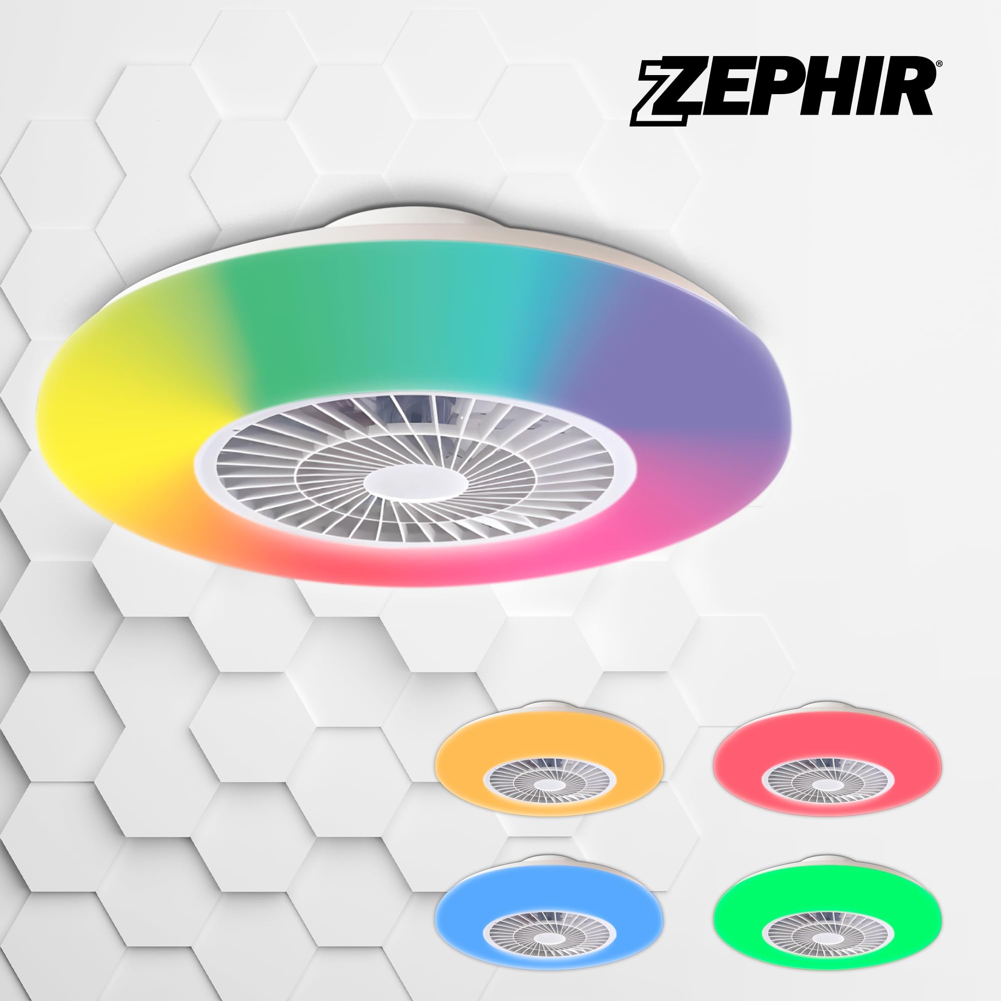 Zephir Ventilatore Plafoniera LED Con Telecomando 45W, RGB E CCT, 6 Velocità, Timer, Funzione Reverse, 5 Pale Trasparenti