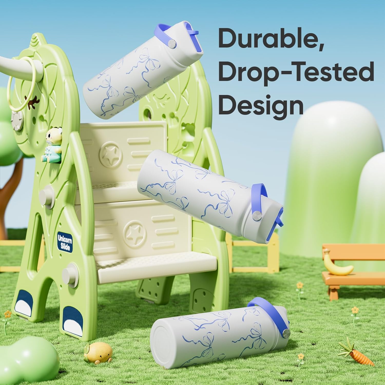 18 oz Blue Bow Water Bottle with Straw, Leak Proof, Insulated Stainless Steel with Handle, Reusable, Metal, Backpack-side Fit (Breeze Blue Bow) - Image 3