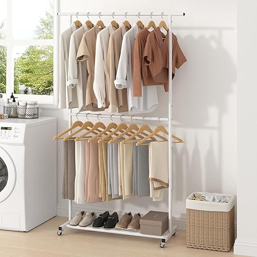 Miniatura 5 de Sywhitta Perchero de ropa de doble barra, colgador de abrigo con malla inferior, perchero para colgar ropa, abrigos, faldas, suéteres, color blanco