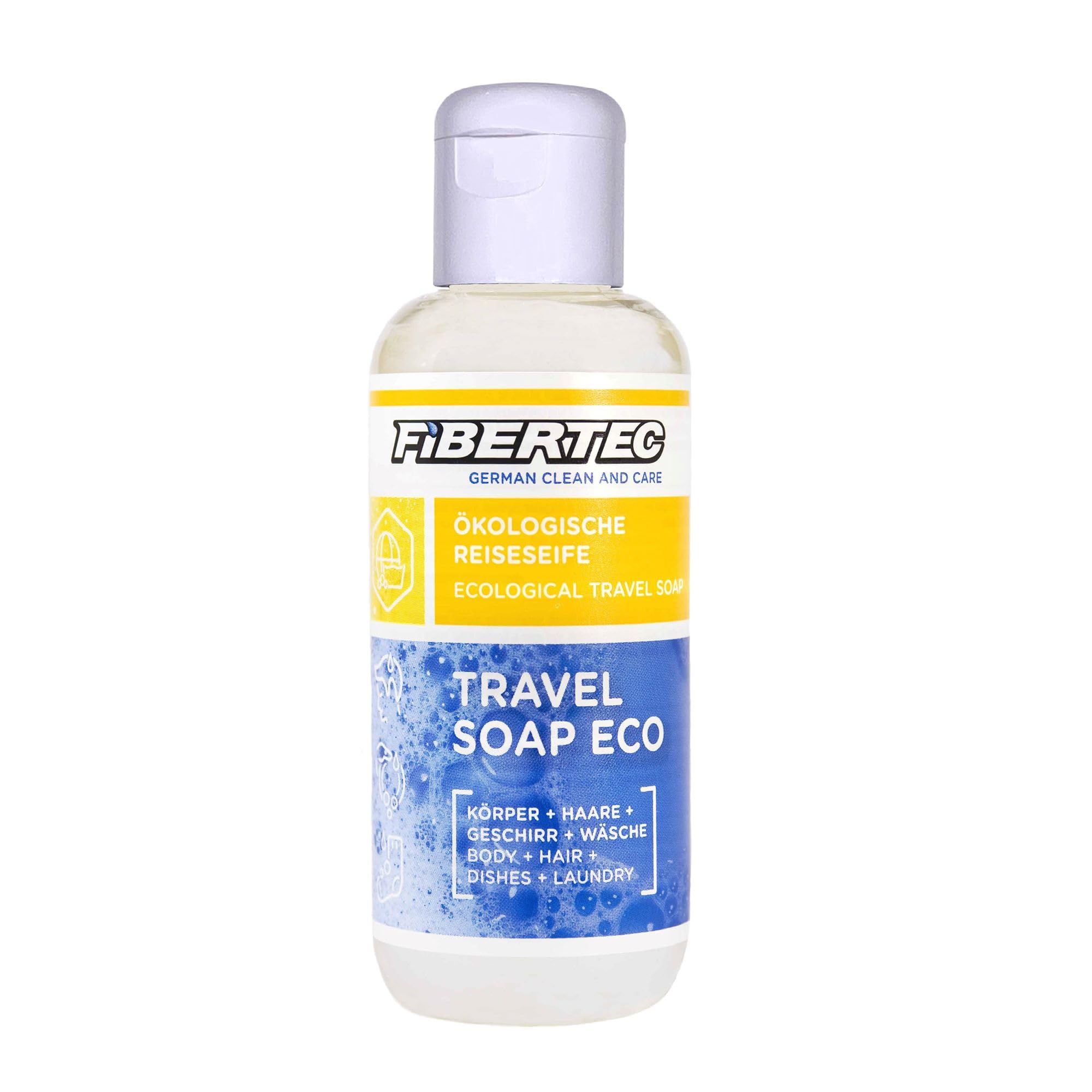 FIBERTEC Travel Soap Eco 100ml - 3-in-1 Reise-Seife flüssig, Körperpflege, Waschmittel & Geschirrspülmittel in einer Universal-Lösung, Made in Germany