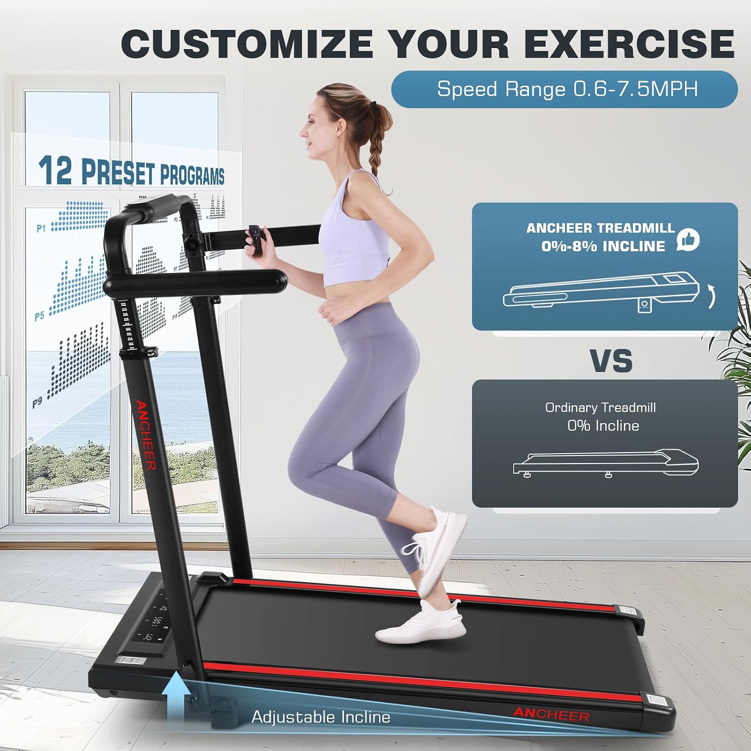 Walking Pad Treadmill Adjustable Height, Under Desk Treadmills with Handle Bar and Incline, 300lbs Capacity Foldable Treadmill with Removable Desk Workstation, Installation-Free(Black red)