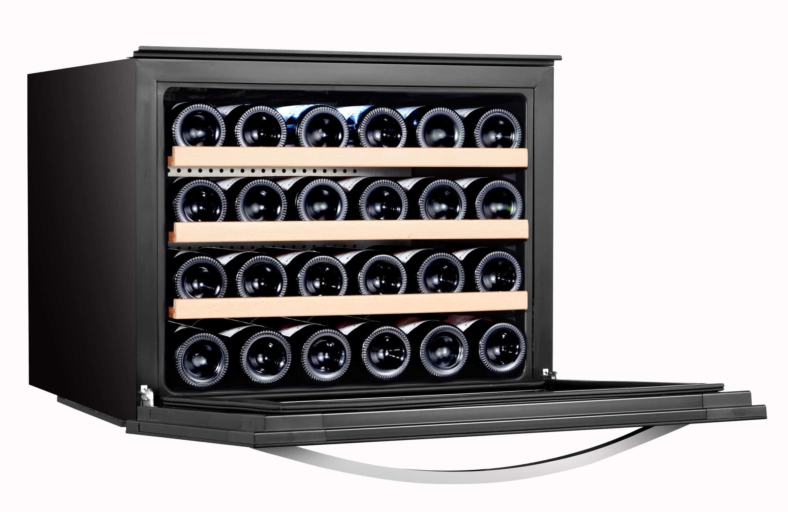 LV22 Einbau-Weinkühlschrank - Einbau-Weinklimaschrank mit 2 Zonen - Vollglas-Designtür, 22 Flaschen, 41 dB, 60 cm breit und 3 ausziehbare Schubladen aus Buchenholz