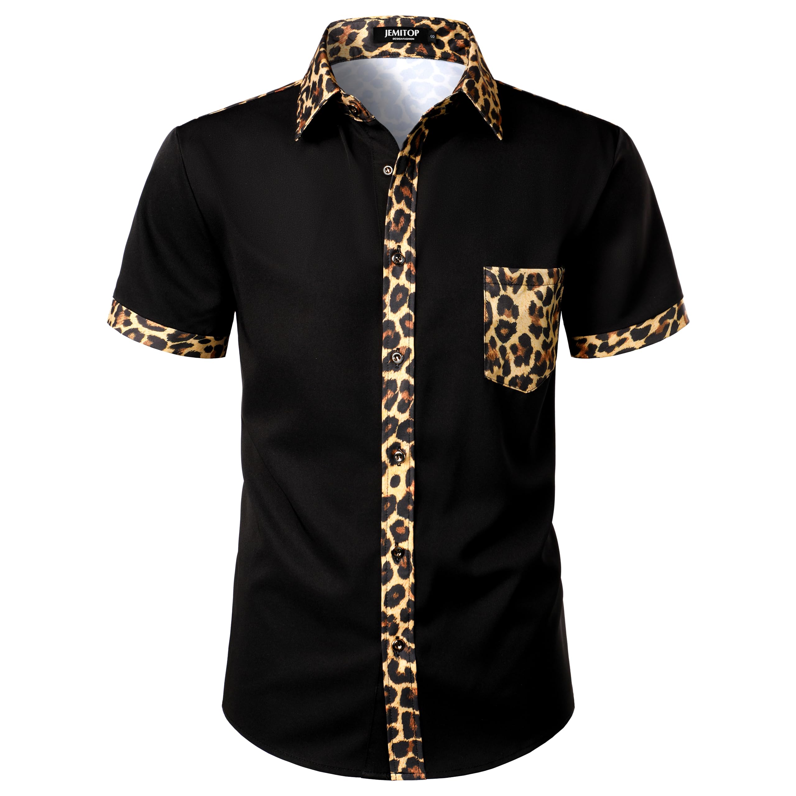 JEMITOP Men's Stretchy Causal Leopard Cheetah Print Short Sleeve Slim Fit Button Up Shirt