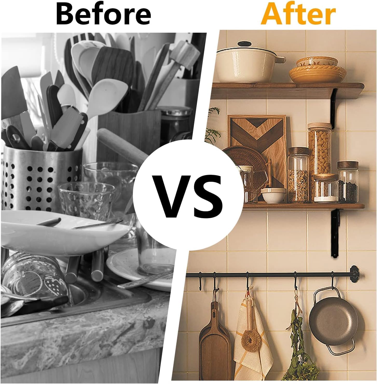 HOME MASTER HARDWARE Decorative Shelf Brackets 8 inch, Black Shelf Bracket, Heavy Duty Metal Shelf Brackets & Supports, 2 Pack Rustic Iron L Shape Corner Brace Shelving Brackets with Screws