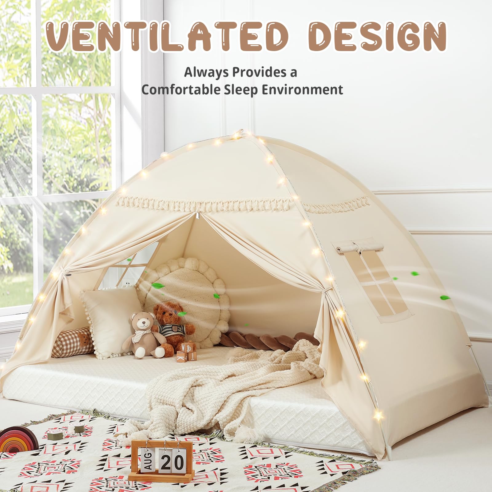 Toddler bed Tent Canopy: Lights & Flags Indoor Floor Bed Kids Tent PlayHouse - Portable & Foldable Twin Bunk bed Curtains - Large Size Girls & Boys House Bedroom Privacy Space Sleeping Tents Gifts