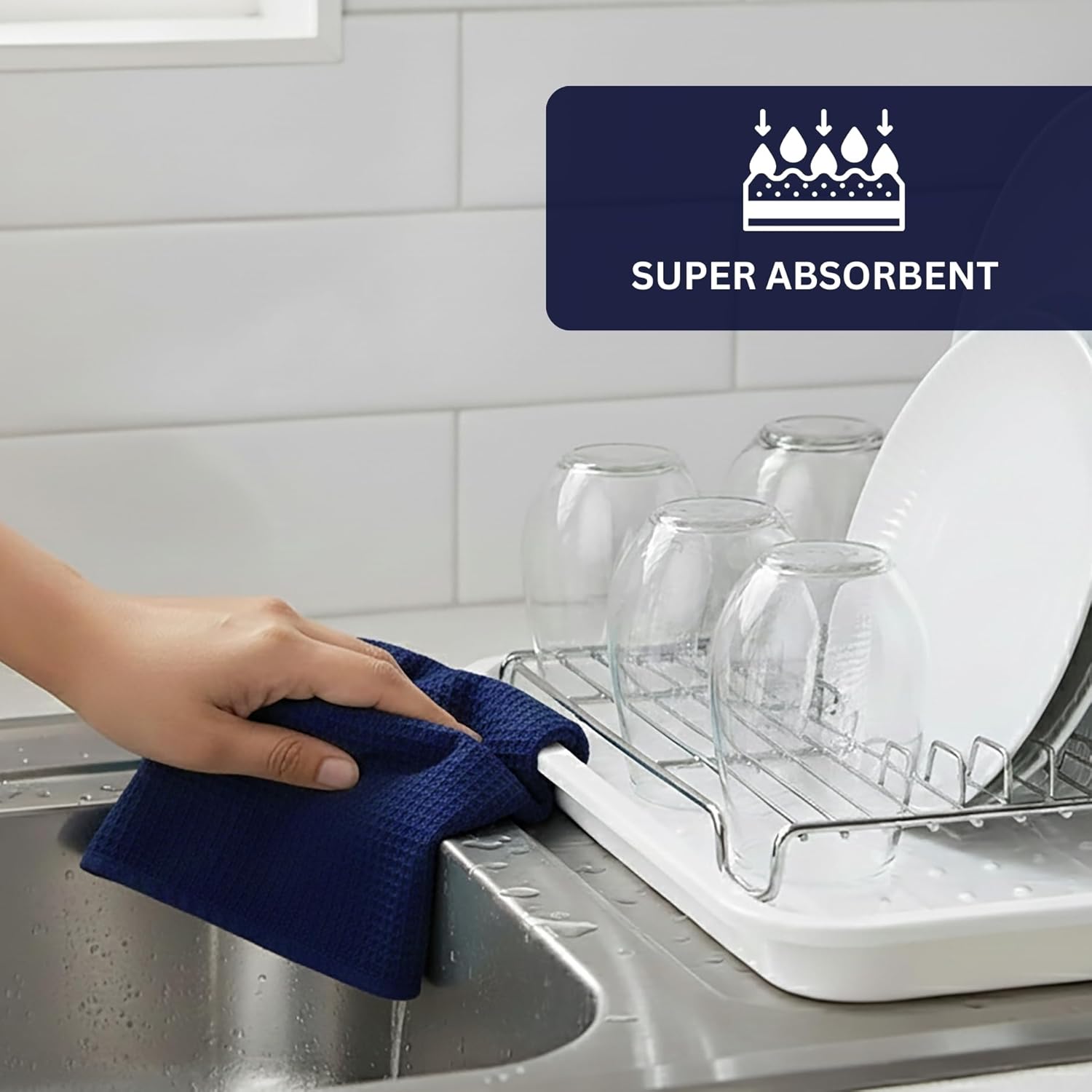 PurpleEssences Waffle Weave Kitchen Towel, 100% Cotton - 15x25 Inches with Hanging Loop, Ultra Soft Absorbent Quick Drying Dish Cloth, Tea and Hand Towels, 4 Pack - Spring Easter Summer - Navy Blue - Image 2