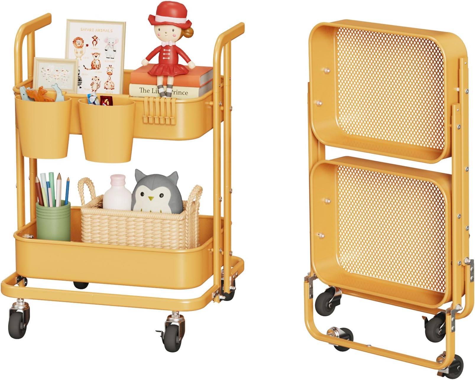 Merapi 2 Tier Rolling Cart, Metal Utility Cart with Wheels, Foldable Under Desk Storage Cart, Small Folding Bookshelf Trolley for Living Room, Kitchen, Bathroom, Bedroom and Office,Pale Marigold
