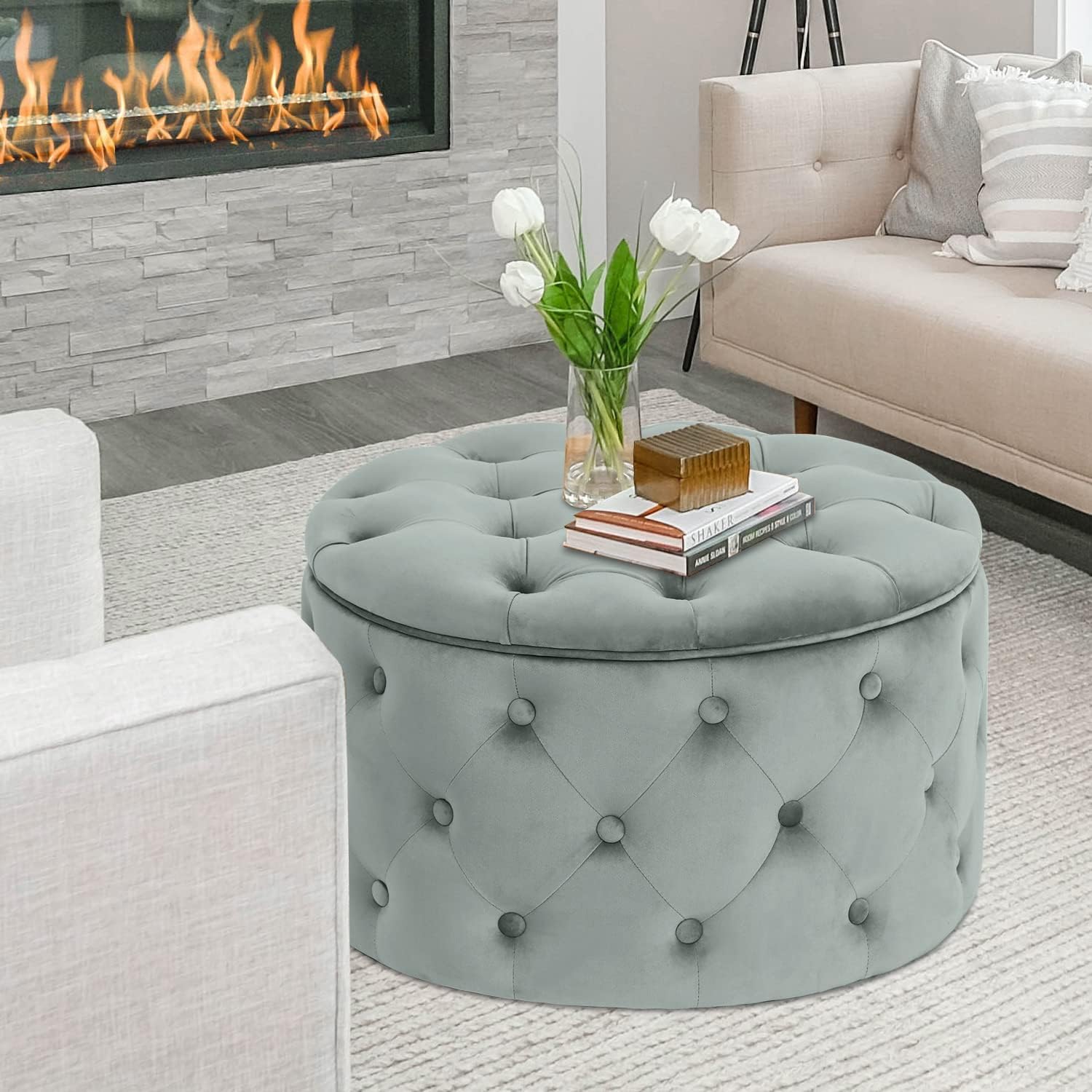 Adeco Modern 24.8 Inch Round Storage Ottoman, Button Tufted Upholstered Ottoman with Removable Top, Storage Bench Footrest Stool for Living Room Bedroom Entryway