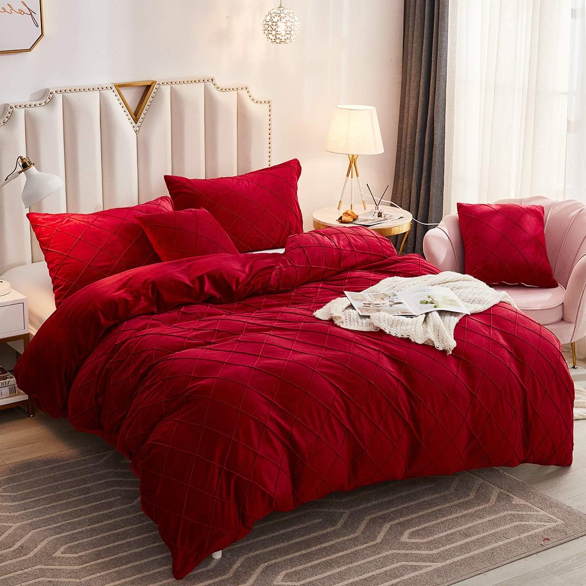JAUXIO Diamond Pinch Pleated Crystal Velvet Bedding Set Solid Pintuck Duvet Cover with Pillow Shams for Home Decor Zipper Closure (Burgundy, Queen)