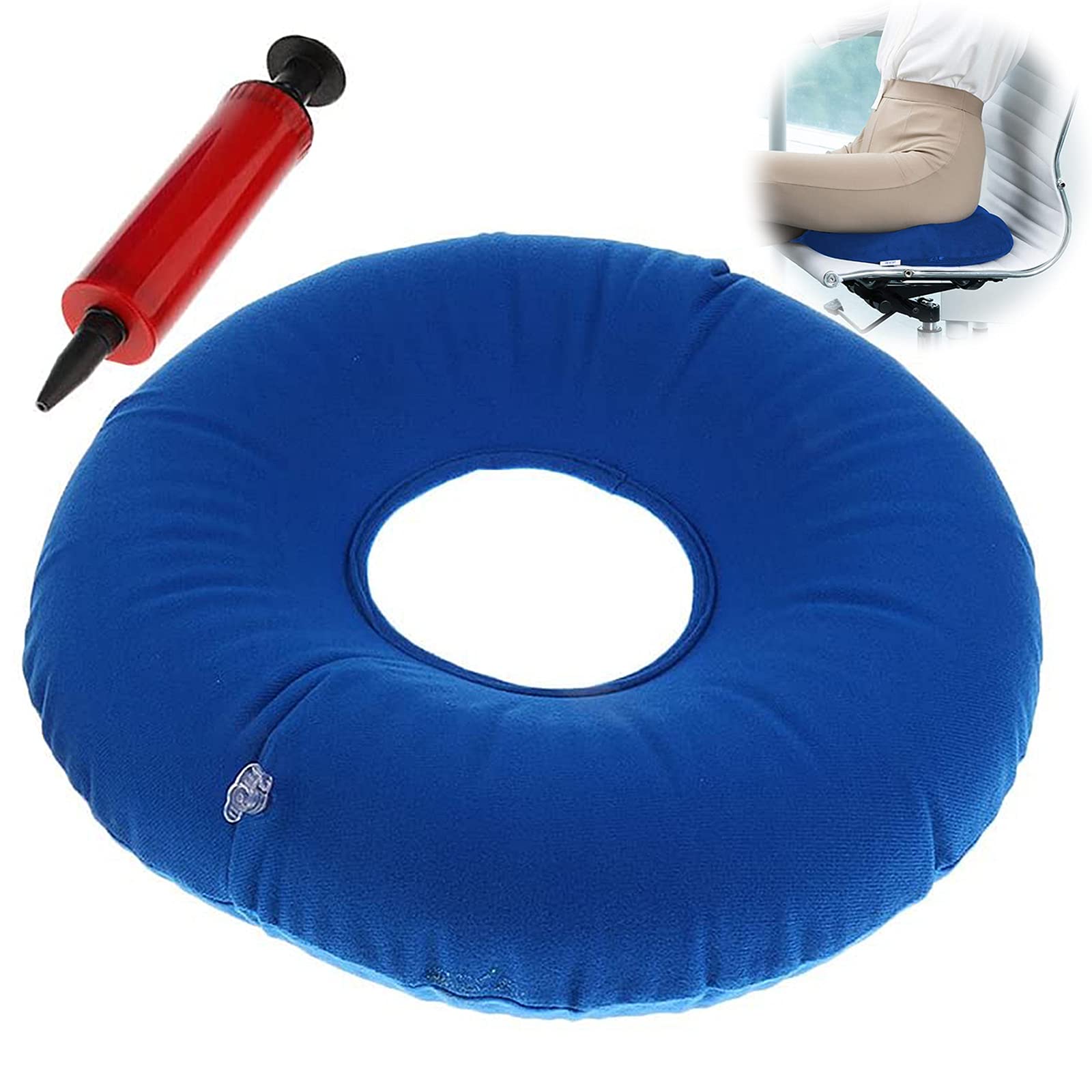 Cuscino A Ciambella Gonfiabile Per Emorroidi E Sciatica - Blu Con Pompetta | Per Auto, Ufficio E Viaggi - Foto 3
